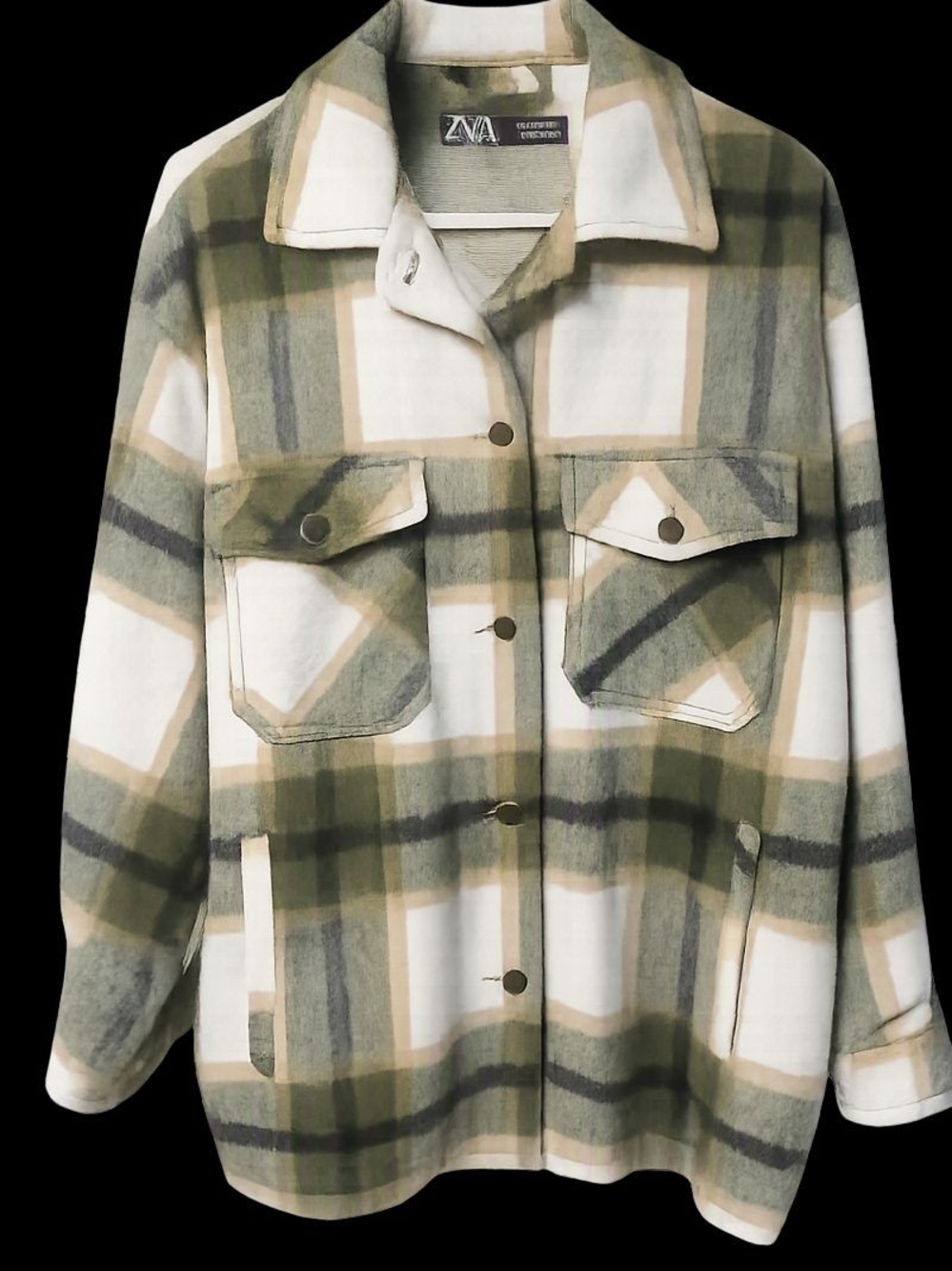 Zara Olive, Cream & Gray Plaid Shacket with Chest Pockets Size M